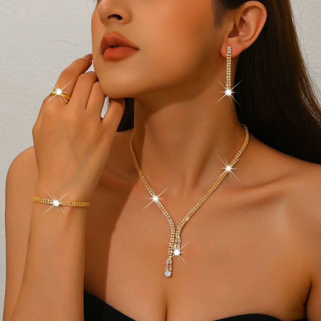 Gold Crystal Rhinestone 4-Piece Jewellery Set