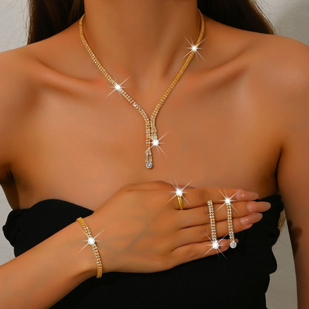 Gold Crystal Rhinestone 4-Piece Jewellery Set