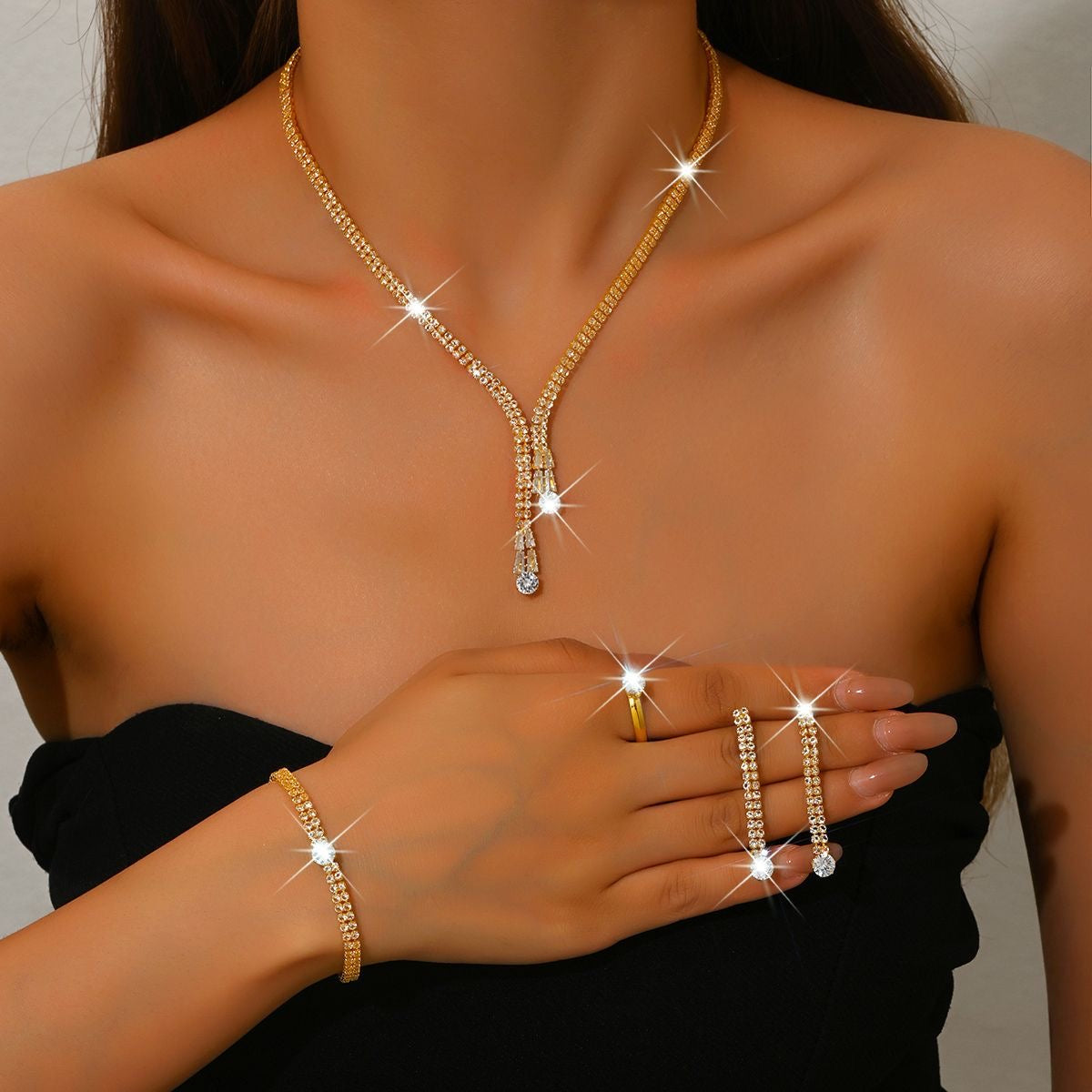 Gold Crystal Rhinestone 4-Piece Jewellery Set