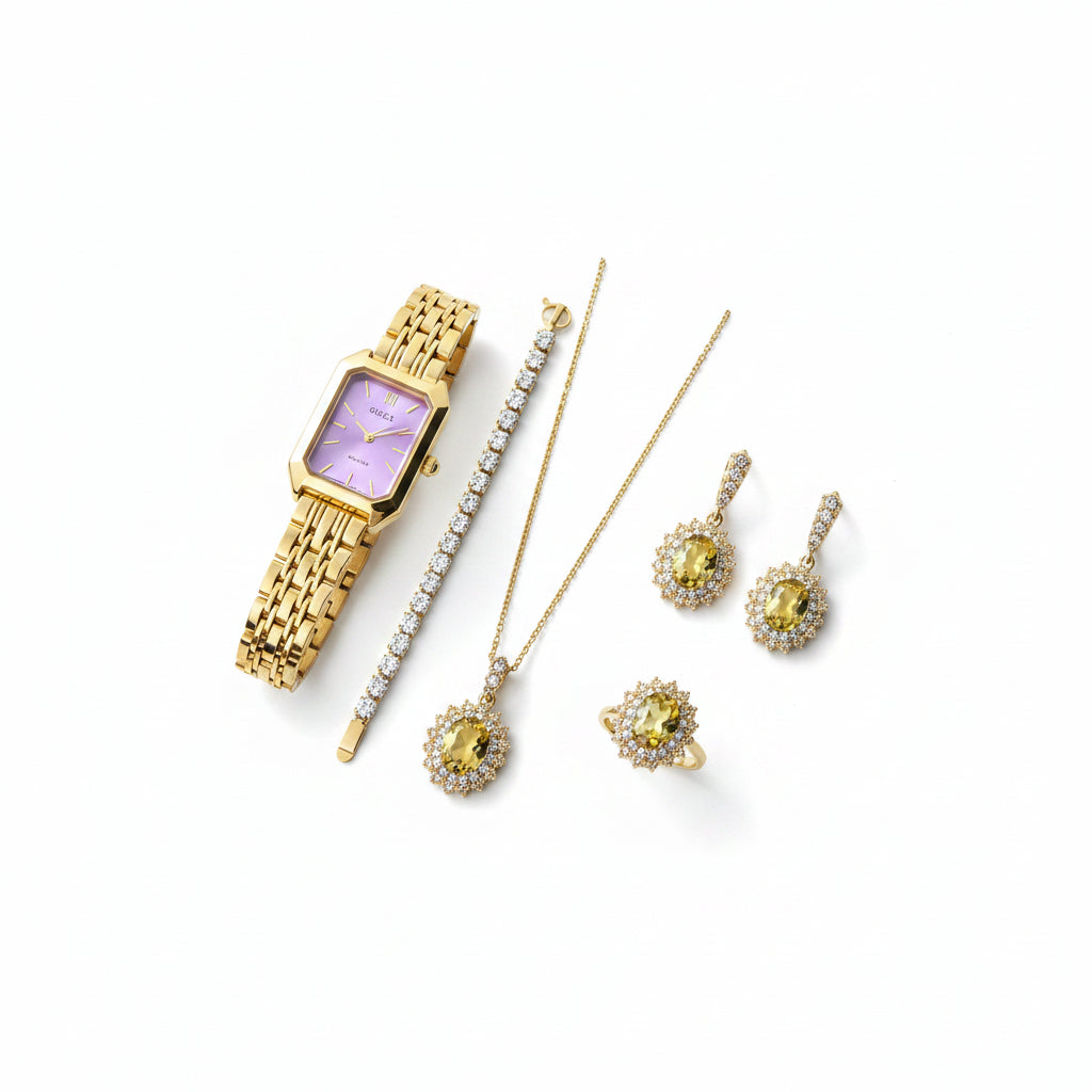 Gold Lavender Watch & Citrine Crystal 5-Piece Gift Set