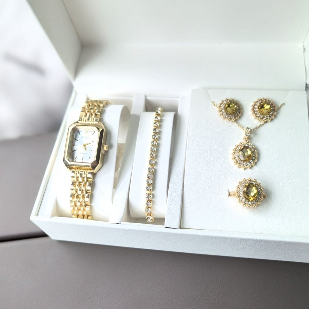 Gold White Dial Watch & Citrine Crystal 5-Piece Luxury Gift Set