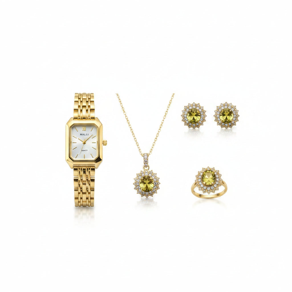 Gold White Dial Watch & Citrine Crystal 5-Piece Luxury Gift Set