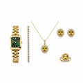 Ximili Gold Emerald Dial Watch & Citrine Crystal 5-Piece Gift Set