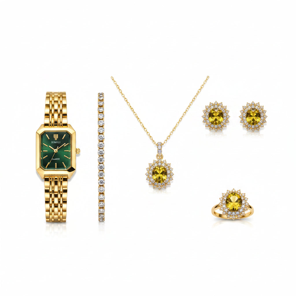 Coffret cadeau 5 pièces Ximili : montre à cadran or et émeraude & cristaux de citrine