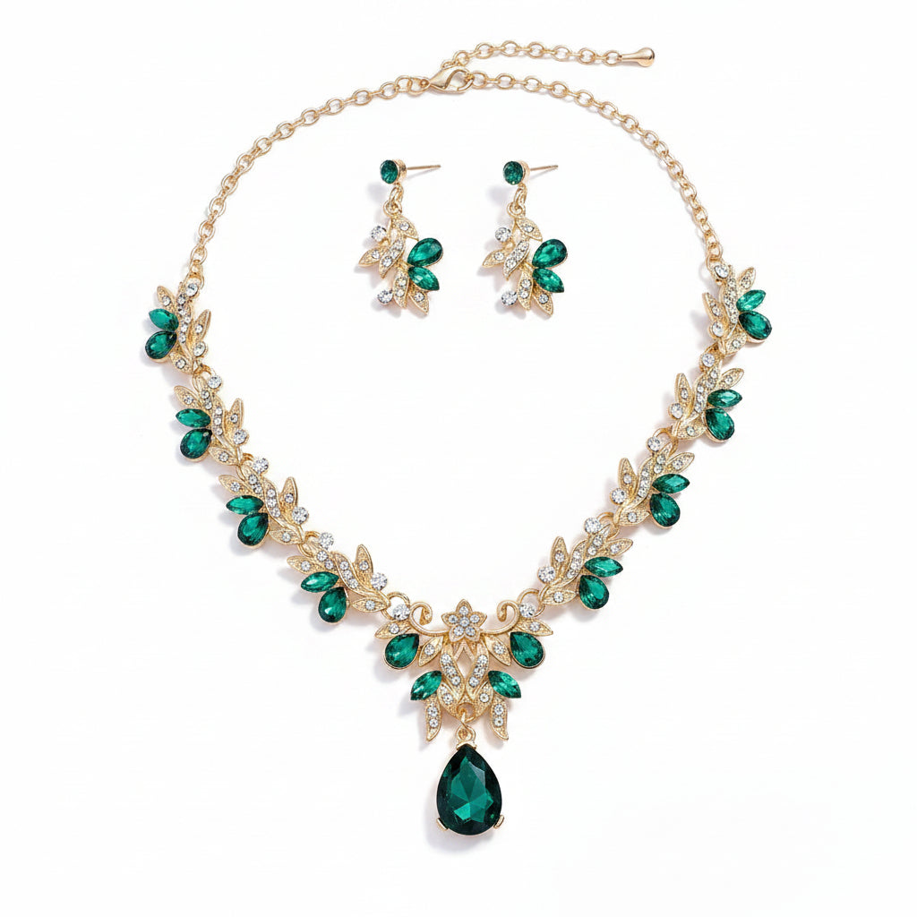Gold Emerald Green Crystal Leaf & Teardrop 2-Piece Jewellery Set