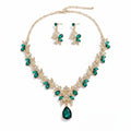 Gold Emerald Green Crystal Leaf & Teardrop 2-Piece Jewellery Set