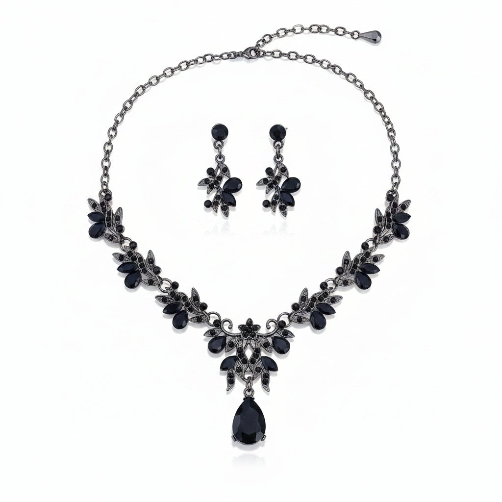 Black Crystal Floral Necklace & Earrings Set