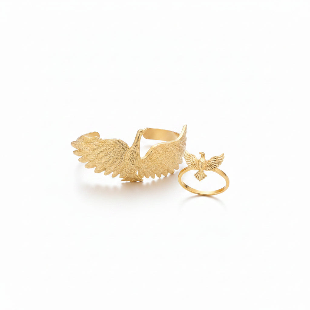 Gold Crane & Bird Ring Set