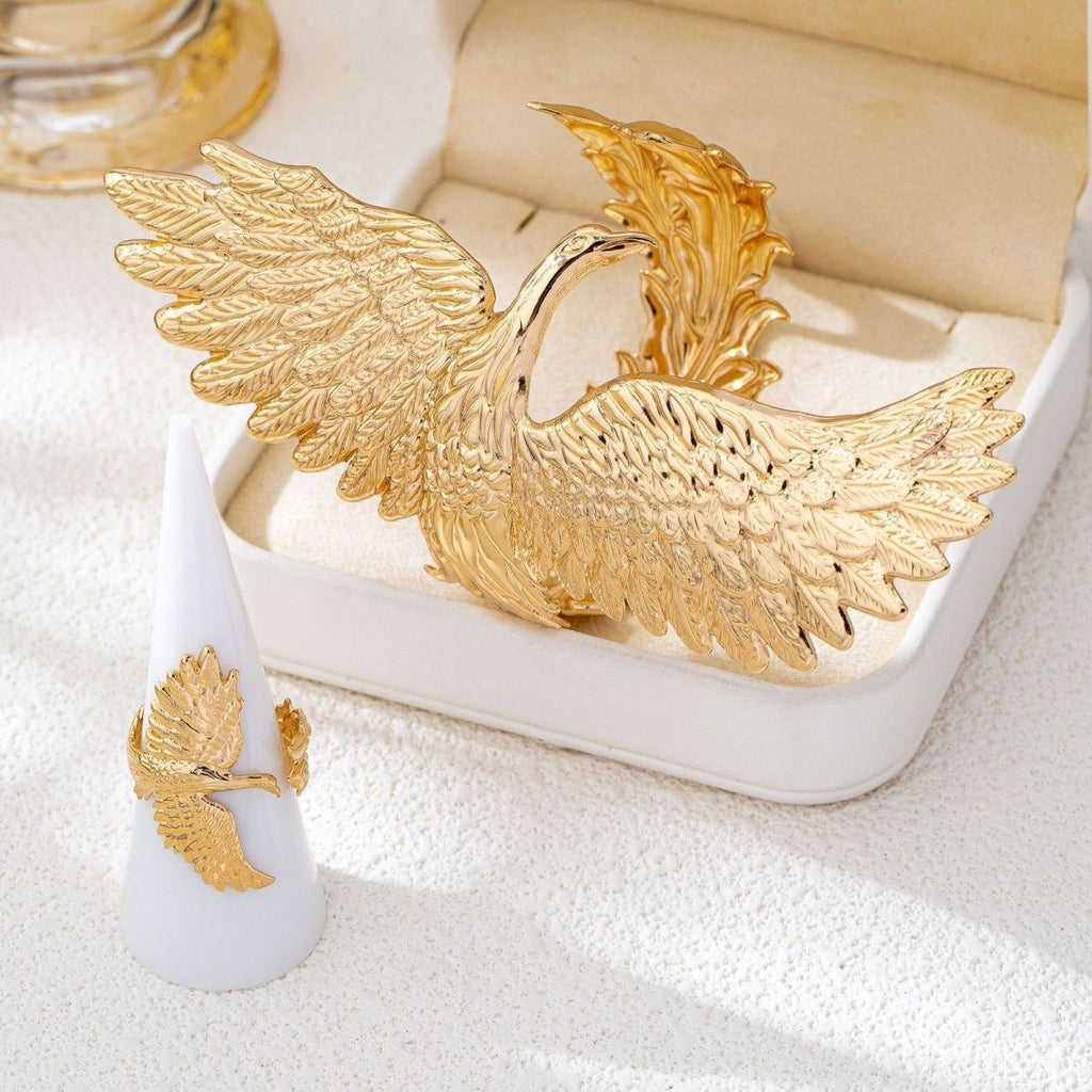 Gold Crane & Bird Ring Set