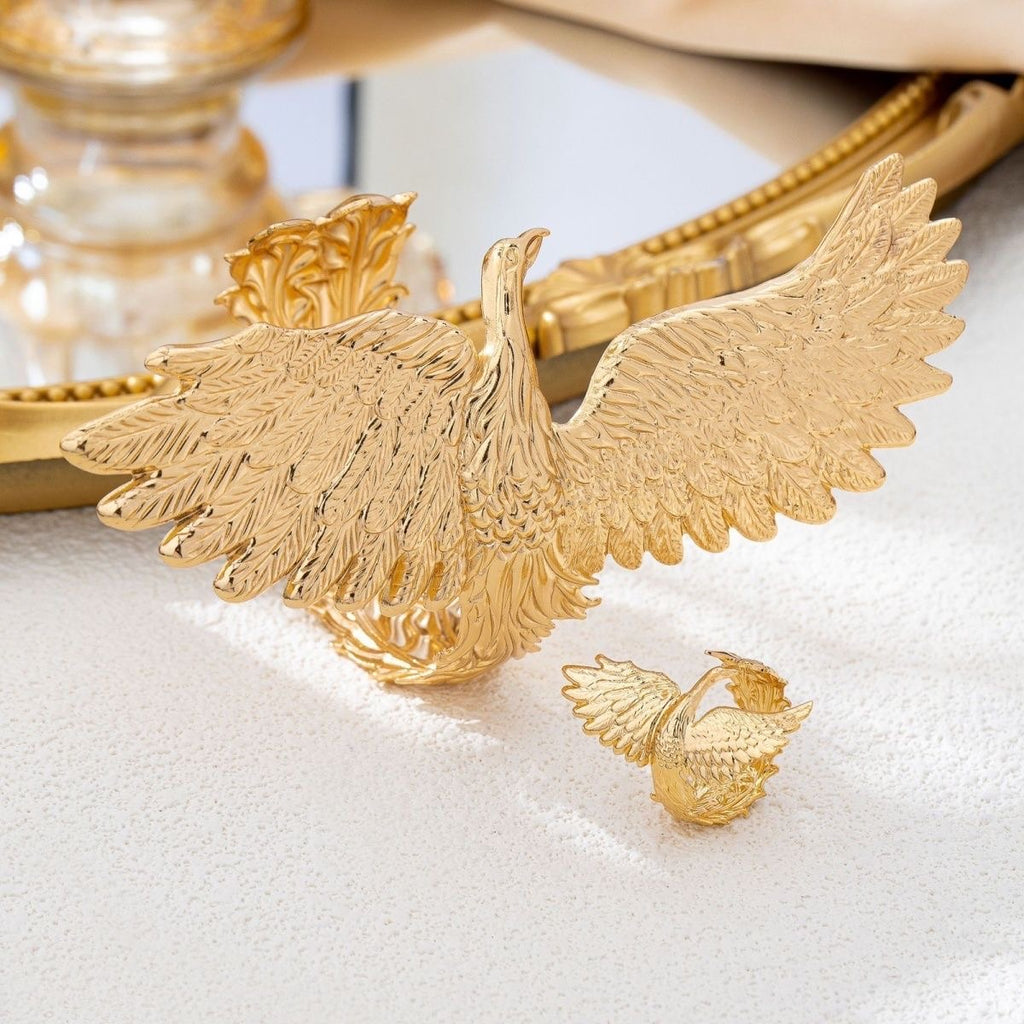 Gold Crane & Bird Ring Set