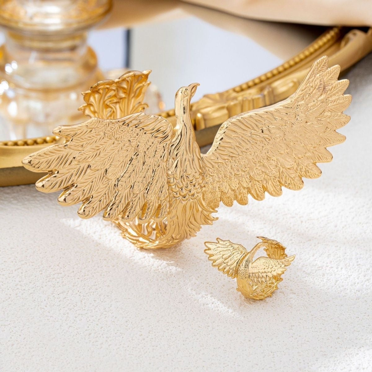 Gold Crane & Bird Ring Set