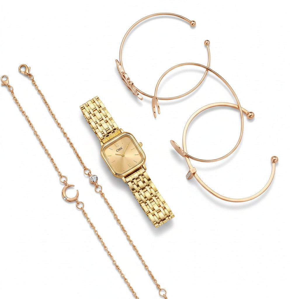 Gold Square Watch & Bracelet Gift Set