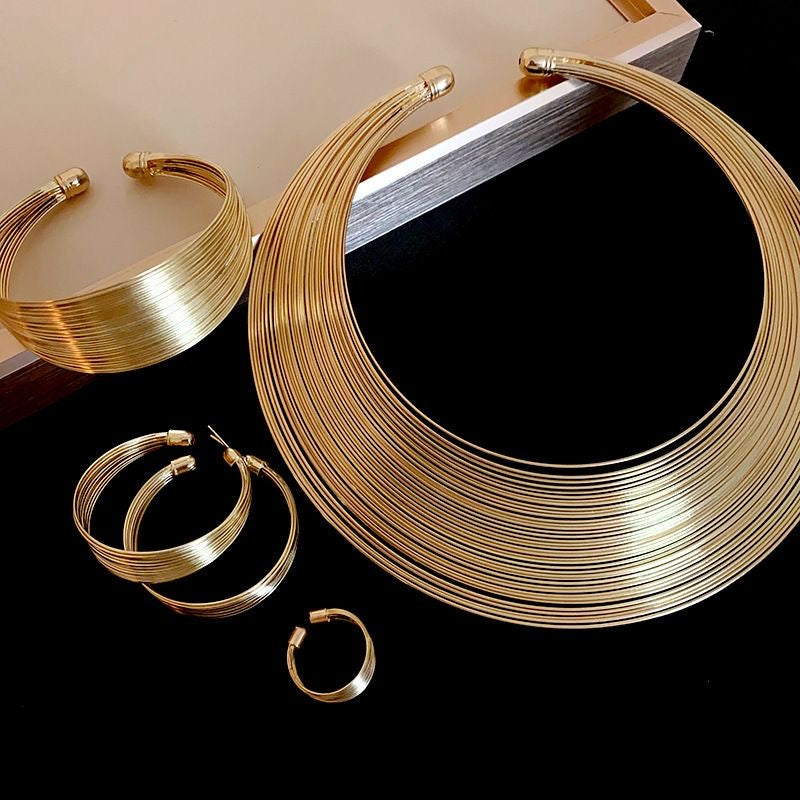 Gold Multi-Wire Choker Necklace, Cuff & Hoop Earrings Set