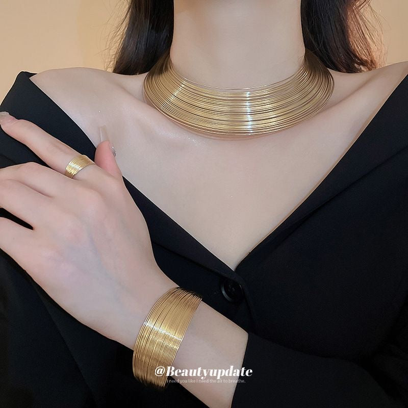 Gold Multi-Wire Choker Necklace, Cuff & Hoop Earrings Set