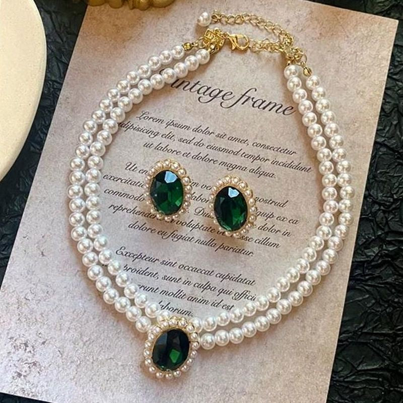 Pearl & Emerald Green Crystal Necklace & Earrings Set