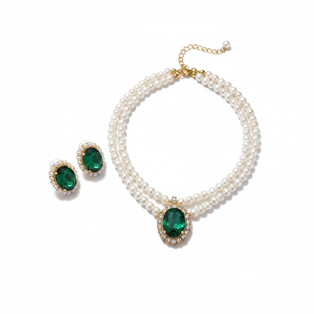 Pearl & Emerald Green Crystal Necklace & Earrings Set