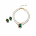 Pearl & Emerald Green Crystal Necklace & Earrings Set