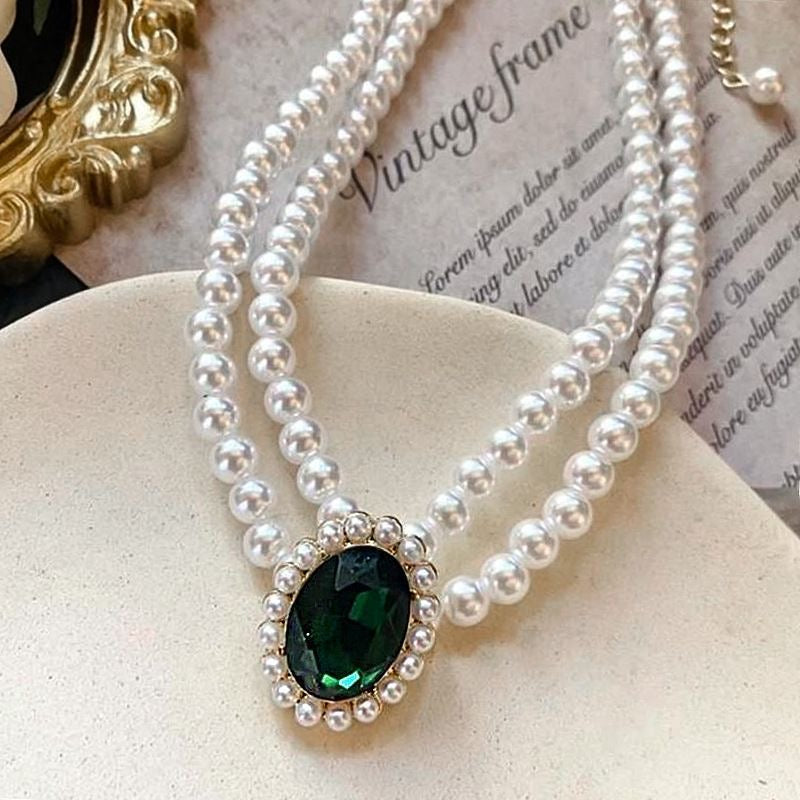 Pearl & Emerald Green Crystal Necklace & Earrings Set