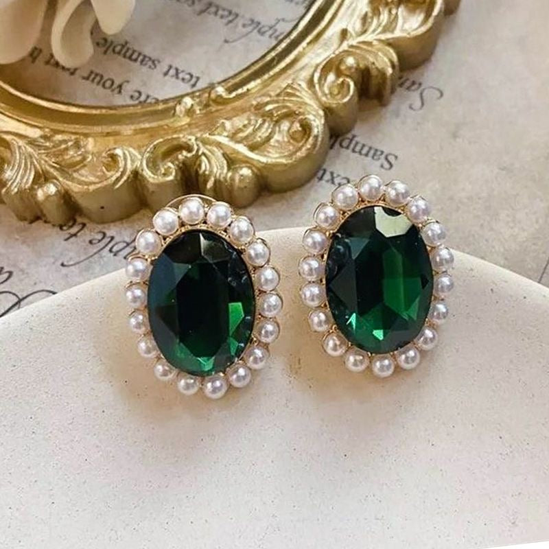 Pearl & Emerald Green Crystal Necklace & Earrings Set