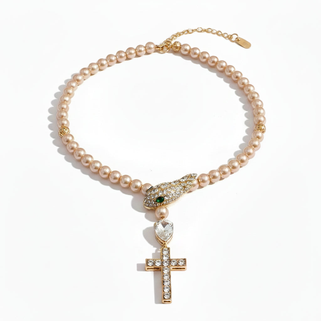 Pearl & Crystal Snake Cross Pendant Necklace
