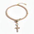 Pearl & Crystal Snake Cross Pendant Necklace