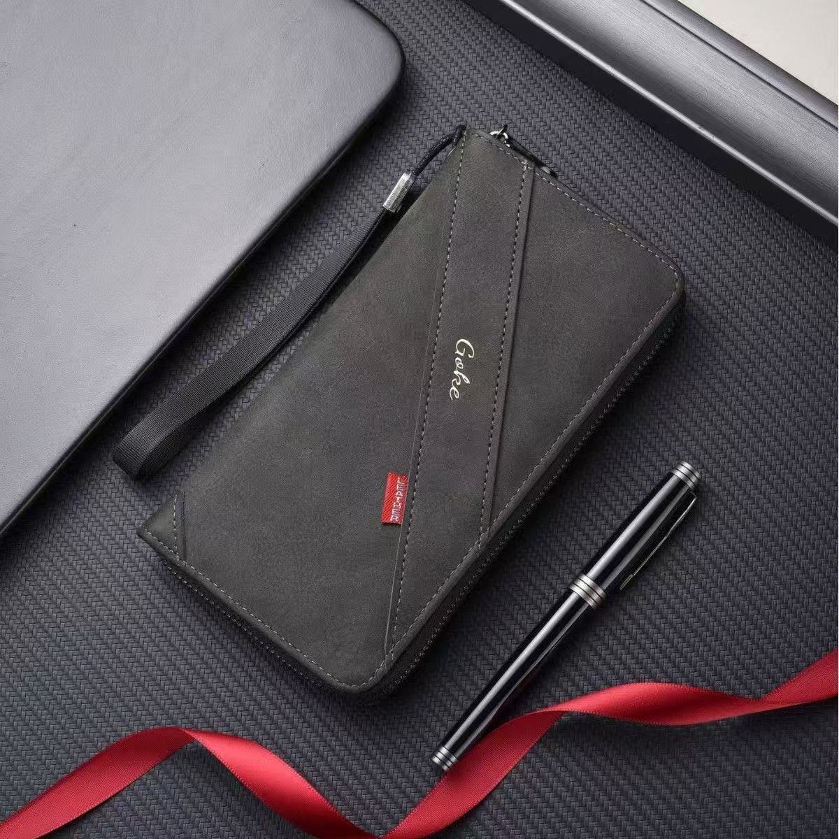 Goke Charcoal Grey Leather Zip-Around Wristlet Clutch Wallet