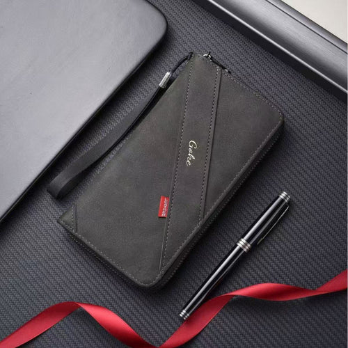 Portefeuille pochette de poignet zippée en cuir gris anthracite Goke