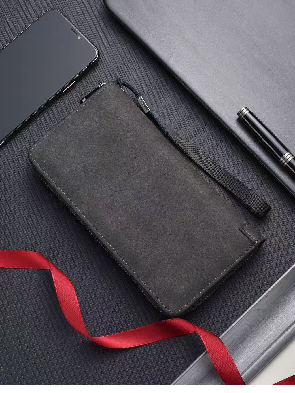 Goke Charcoal Grey Leather Zip-Around Wristlet Clutch Wallet