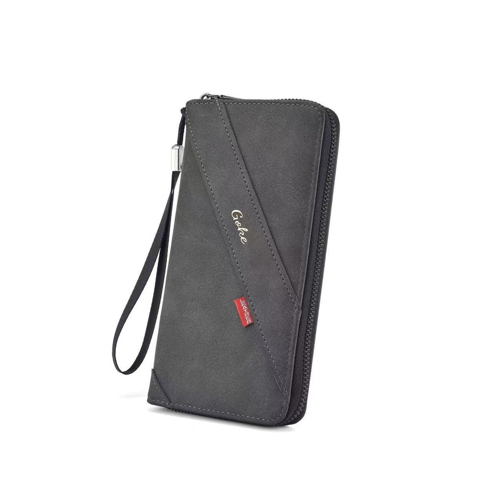 Goke Charcoal Grey Leather Zip-Around Wristlet Clutch Wallet