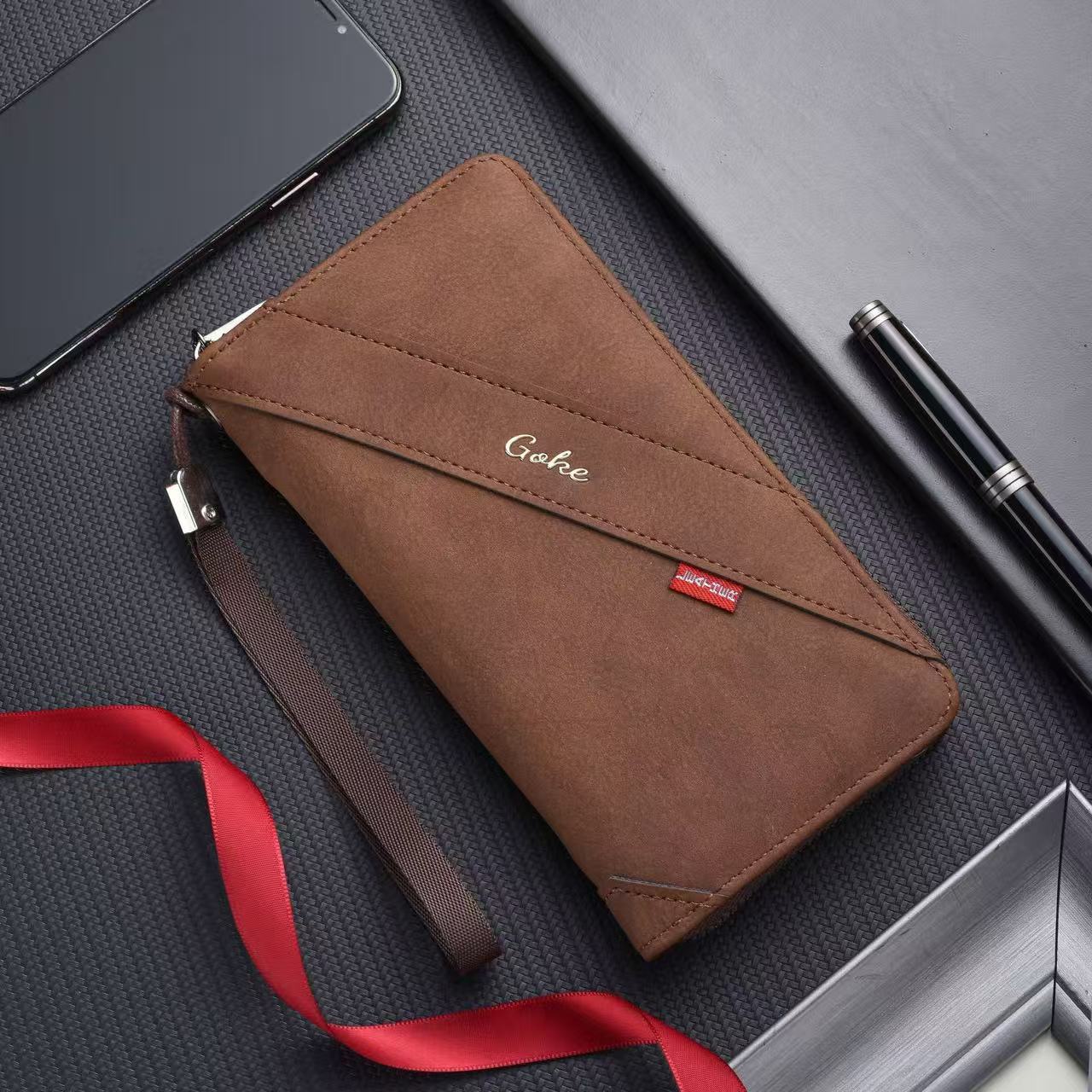 Goke Brown Leather Zip-Around Wristlet Clutch Wallet