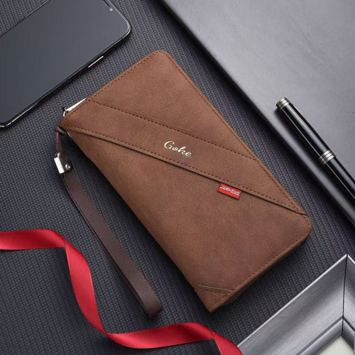 Portefeuille pochette Goke en cuir marron à fermeture éclair avec dragonne