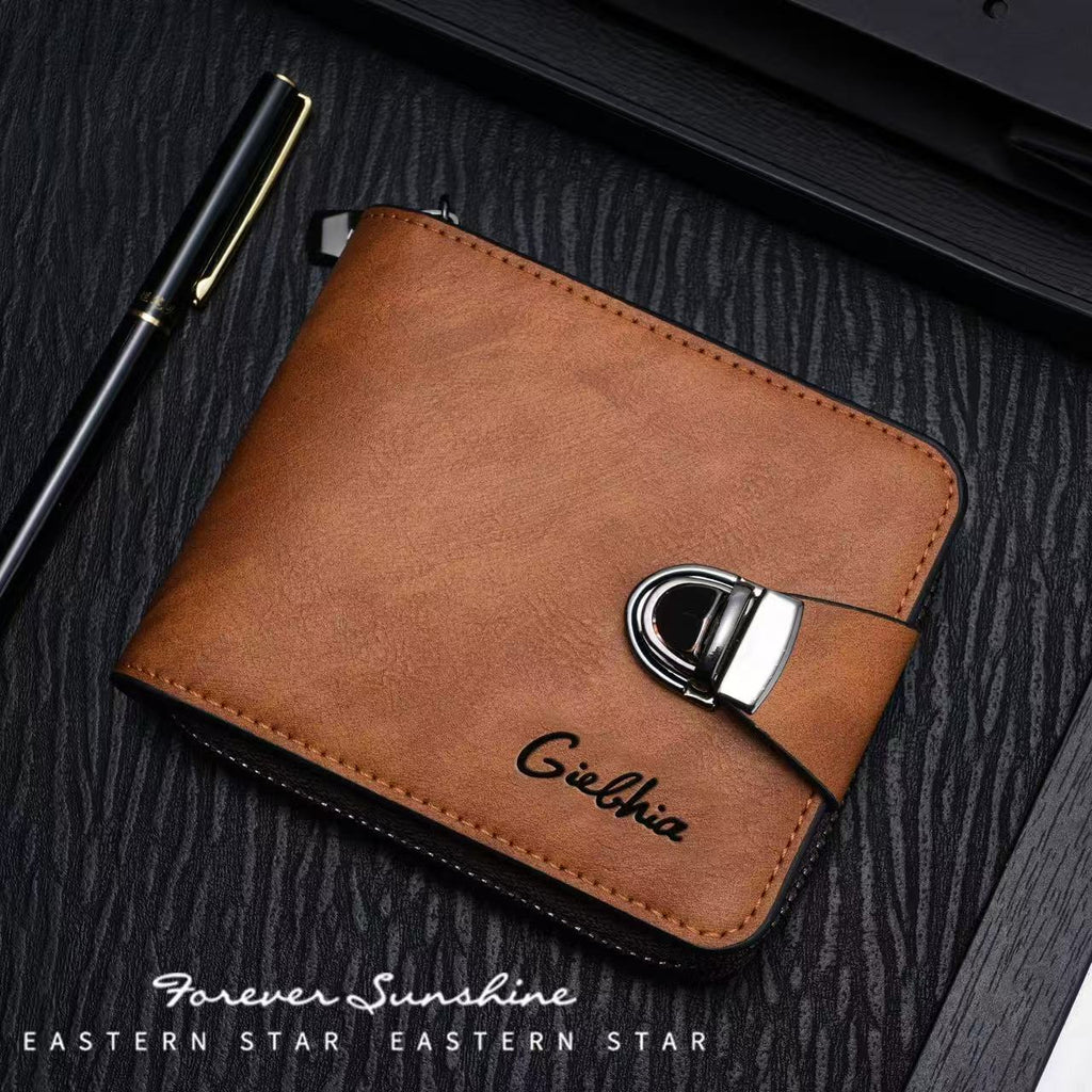 Giebhia Tan Leather Compact Bifold Wallet with Twist-Lock Clasp