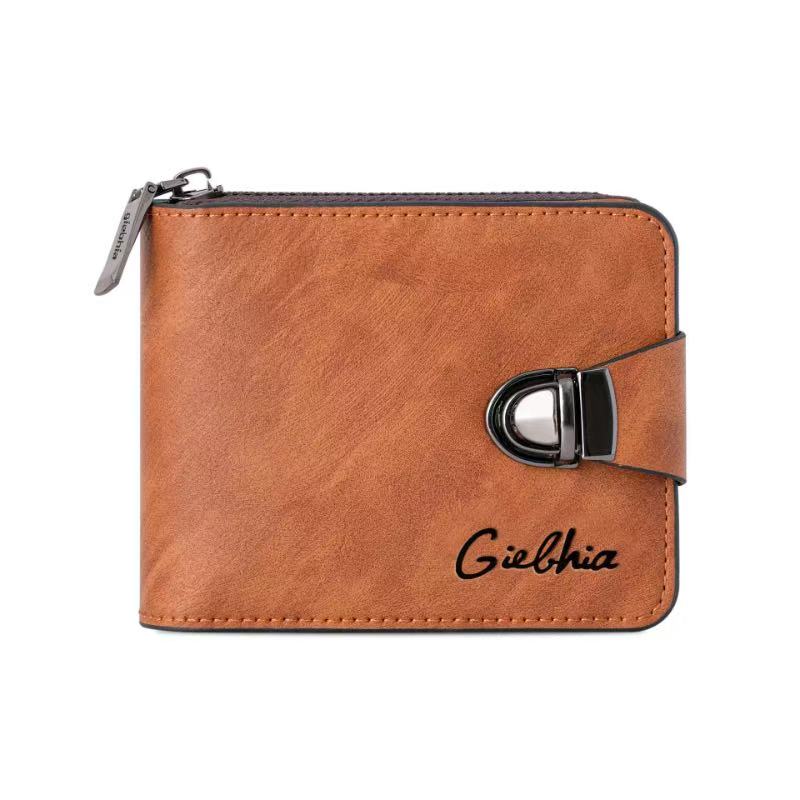 Giebhia Tan Leather Compact Bifold Wallet with Twist-Lock Clasp