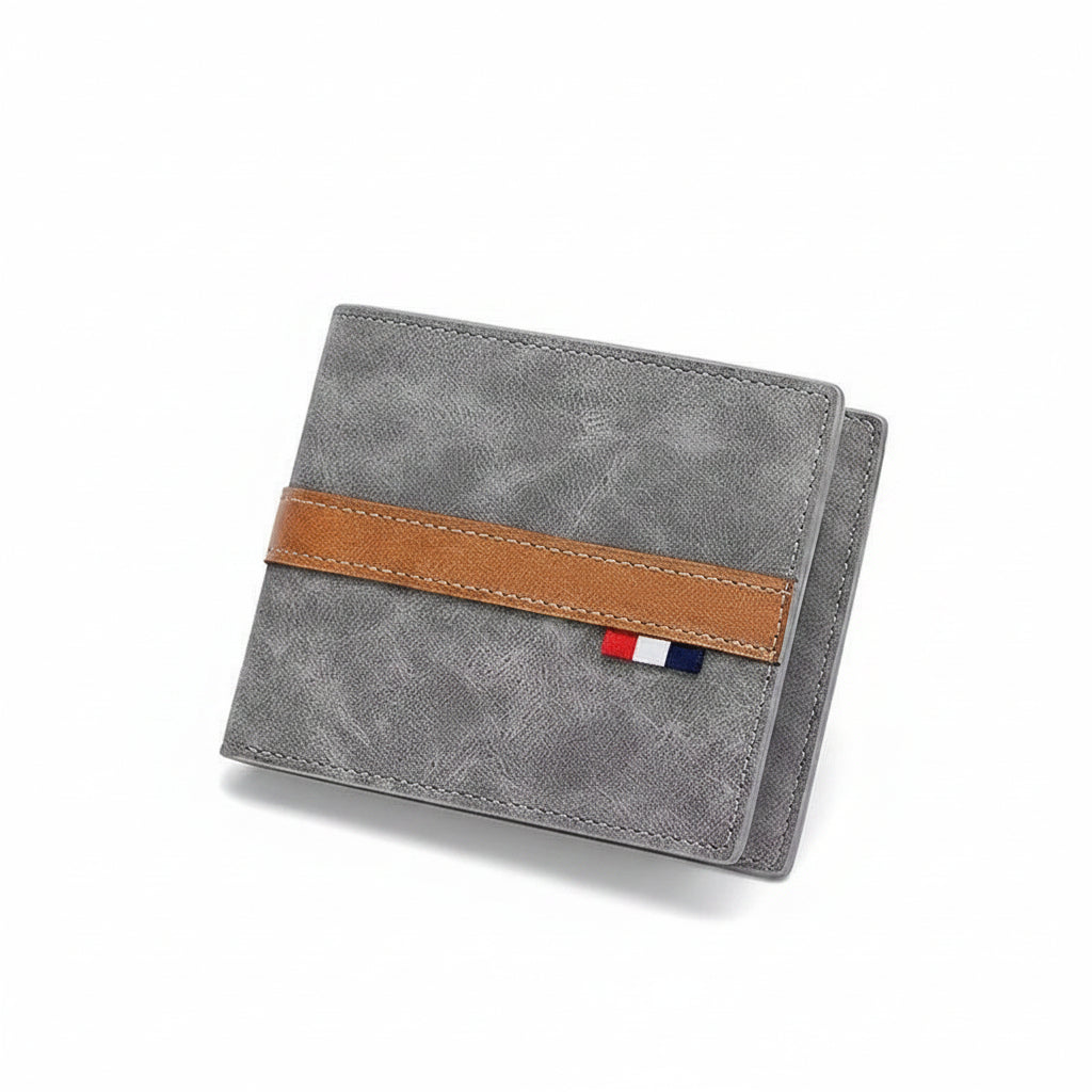 Grey Matte Leather Bifold Wallet with Tan Band & Tricolour Accent