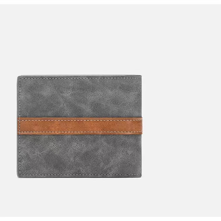 Grey Matte Leather Bifold Wallet with Tan Band & Tricolour Accent