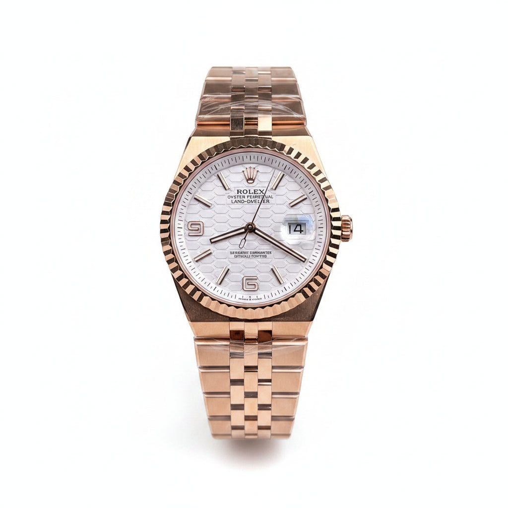 Rolex Land-Dweller Everose Gold – White Honeycomb Dial Rose Gold Jubilee Bracelet