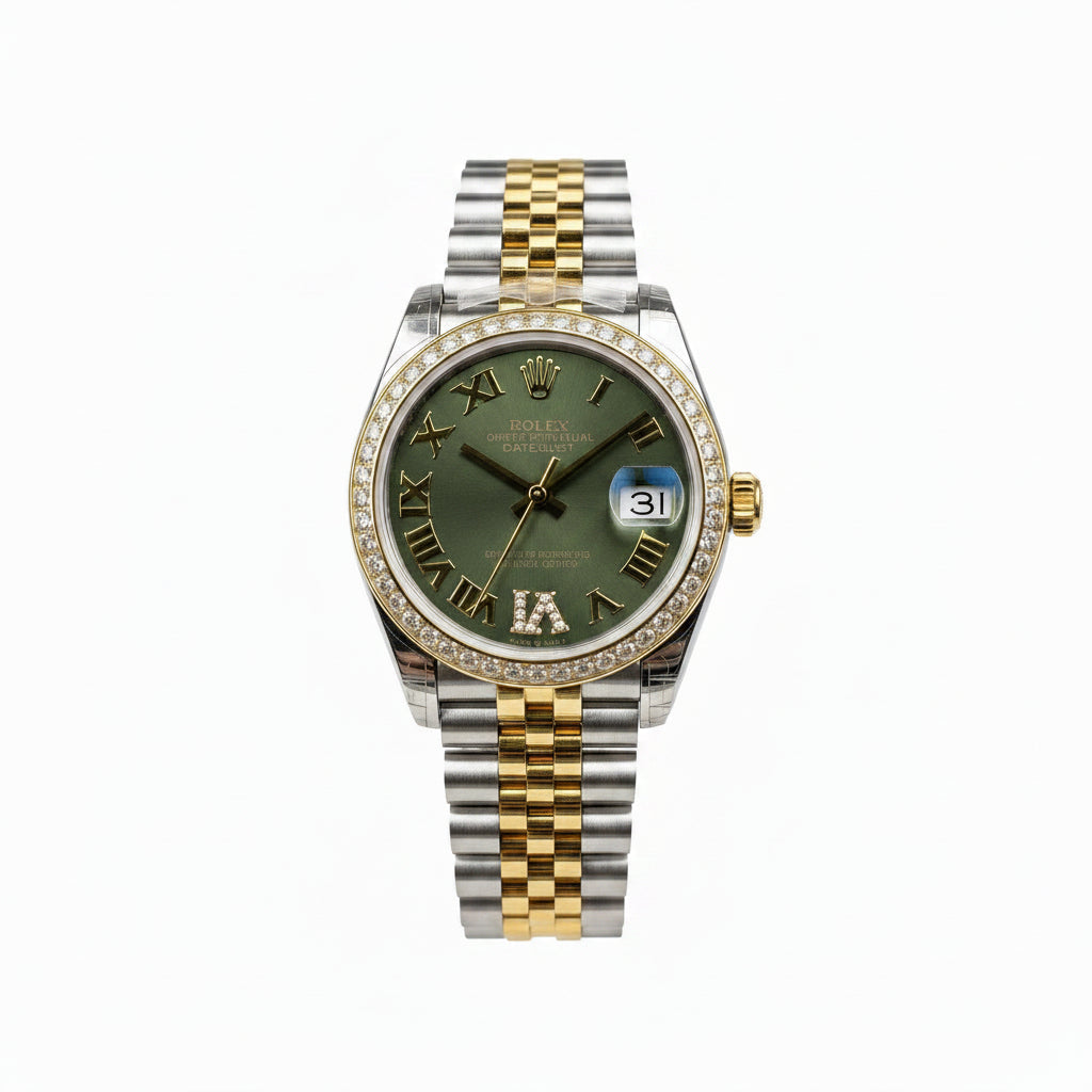 Rolex Datejust Two-Tone Diamond Bezel – Olive Green Roman Numeral Dial Jubilee Bracelet