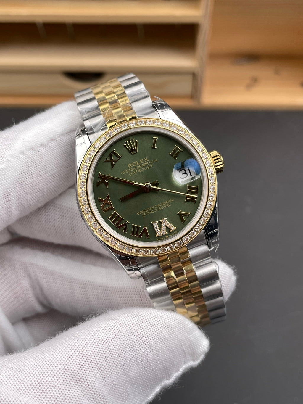 Rolex Datejust Two-Tone Diamond Bezel – Olive Green Roman Numeral Dial Jubilee Bracelet