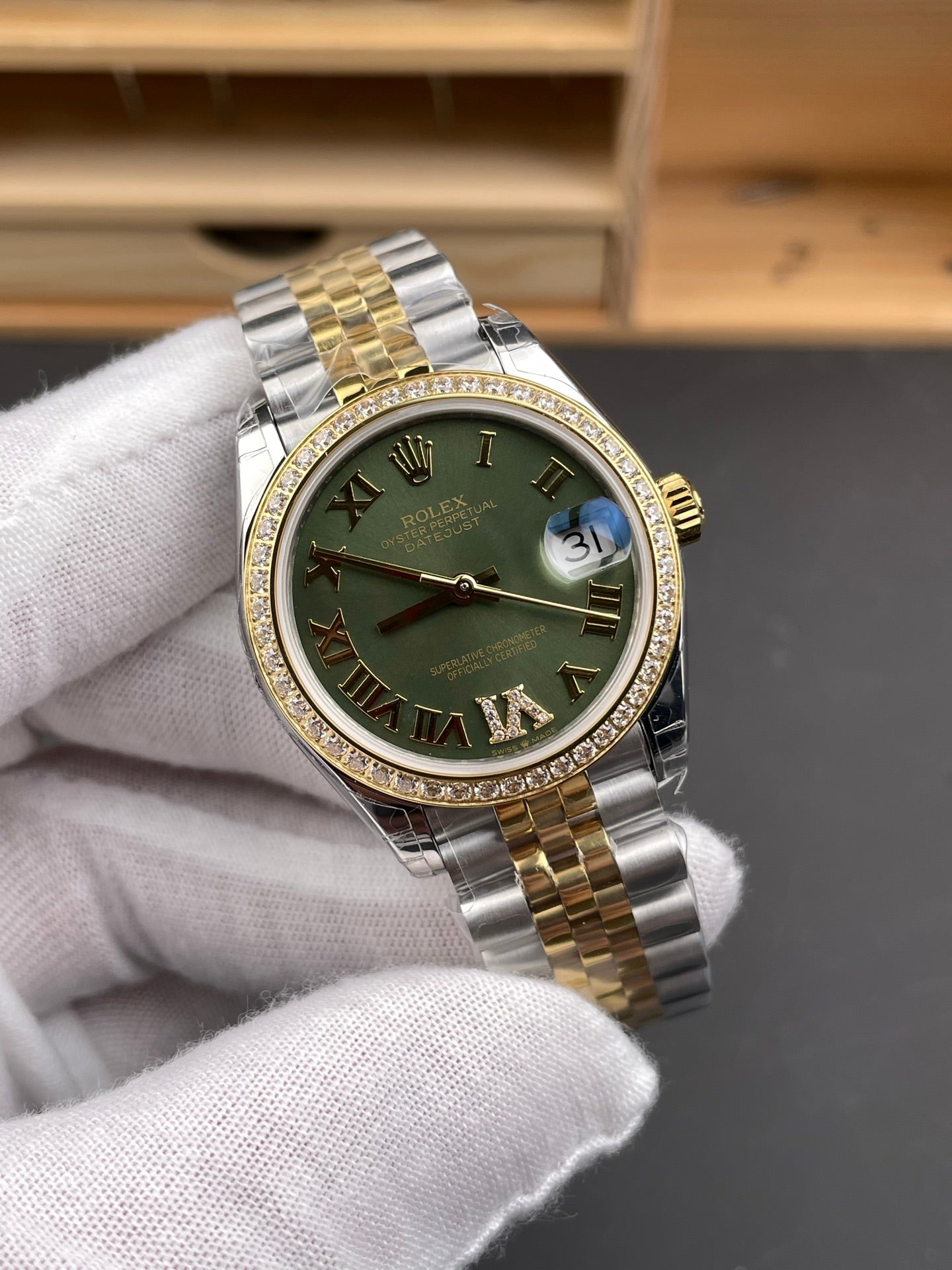 Rolex Datejust Two-Tone Diamond Bezel – Olive Green Roman Numeral Dial Jubilee Bracelet