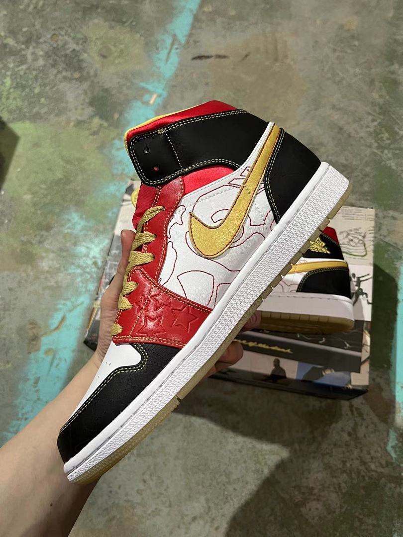 Air Jordan 1 Mid SE – White Red Black Gold Star Embossed