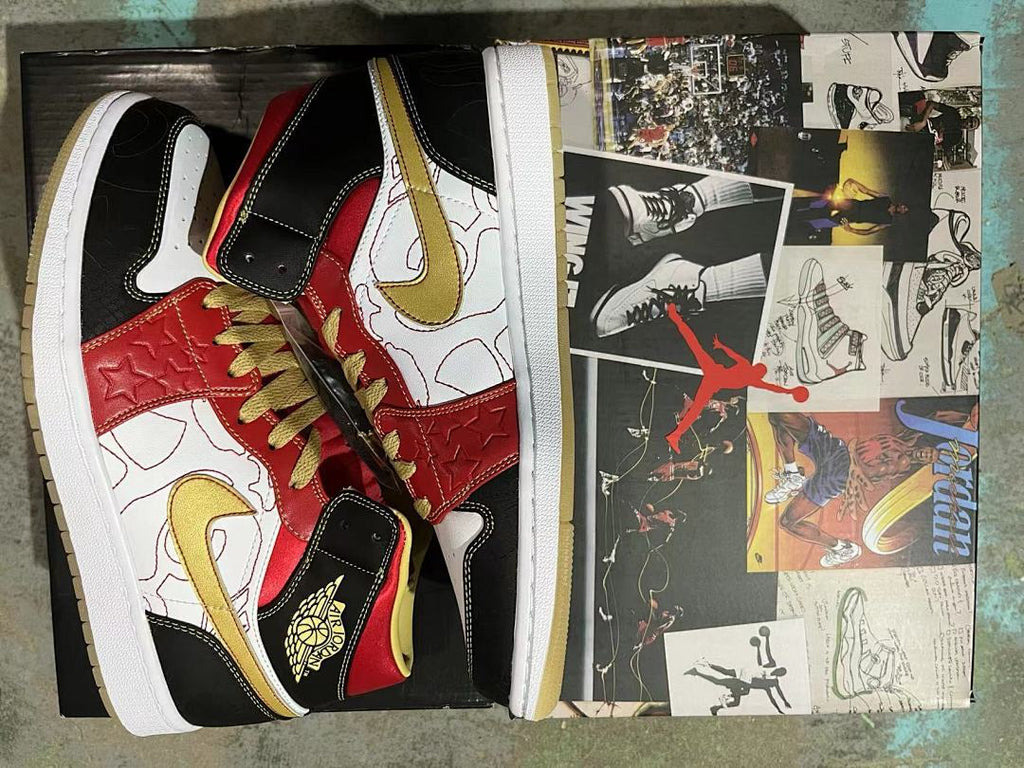 Air Jordan 1 Mid SE – White Red Black Gold Star Embossed