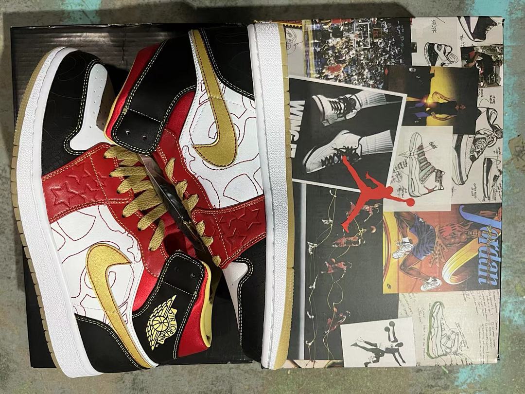 Air Jordan 1 Mid SE – White Red Black Gold Star Embossed