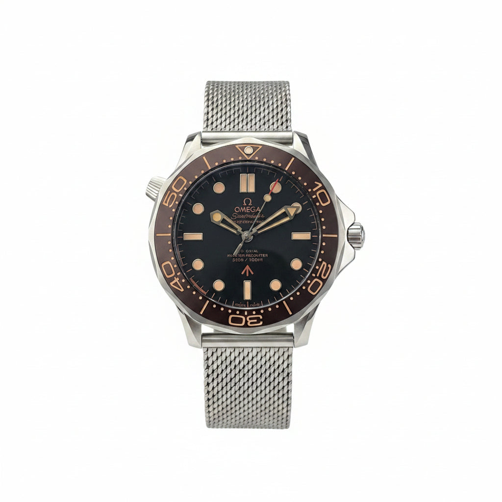 Omega Seamaster Diver 300M – Steel Bronze Ceramic Bezel Black Dial Rose Gold Indices Mesh Bracelet No Time to Die 007