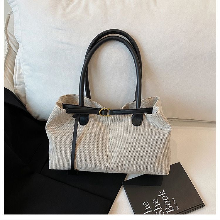 Natural Linen Tote Bag with Black Leather Belt Detail