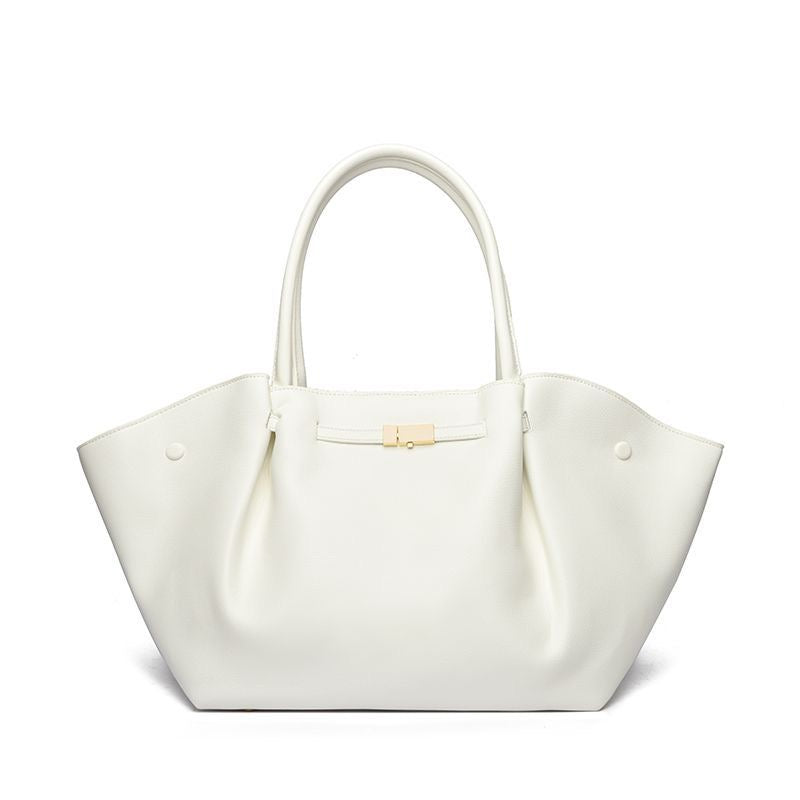 White Leather Winged Tote Bag with Gold Turn-Lock