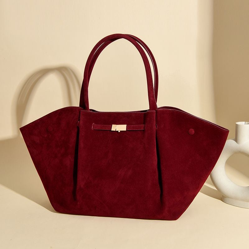 Burgundy Suede Winged Tote Bag with Bow Clasp