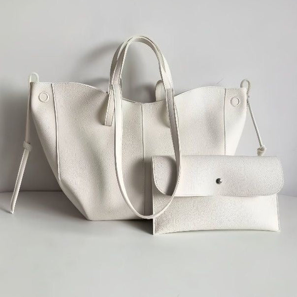 Cream Pebbled Leather Tote Bag with Clutch Set