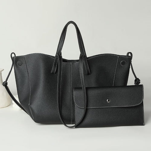 Black Pebbled Leather Tote Bag with Clutch Set
