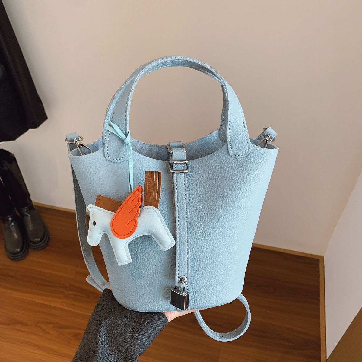 Powder Blue Mini Bucket Bag with Pegasus Charm