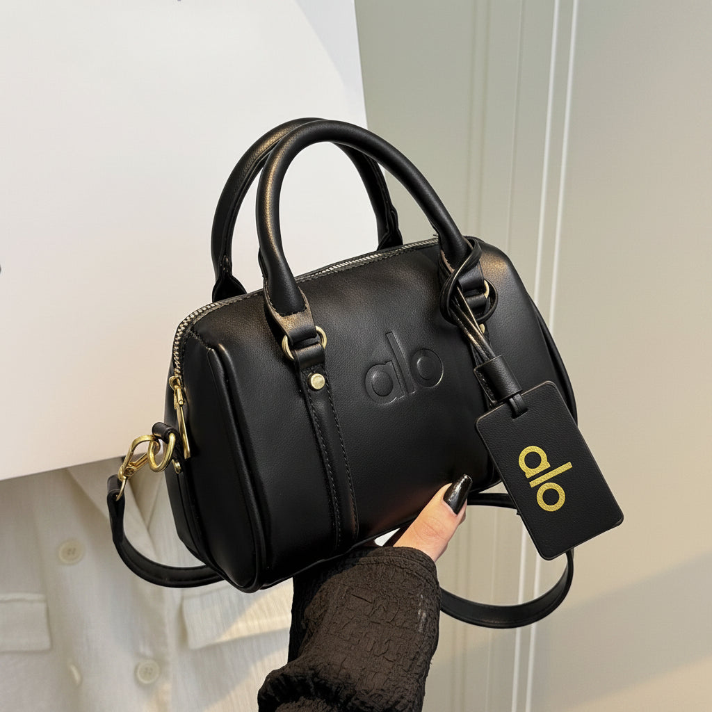 Black Leather Mini Boston Bag with Gold Zip